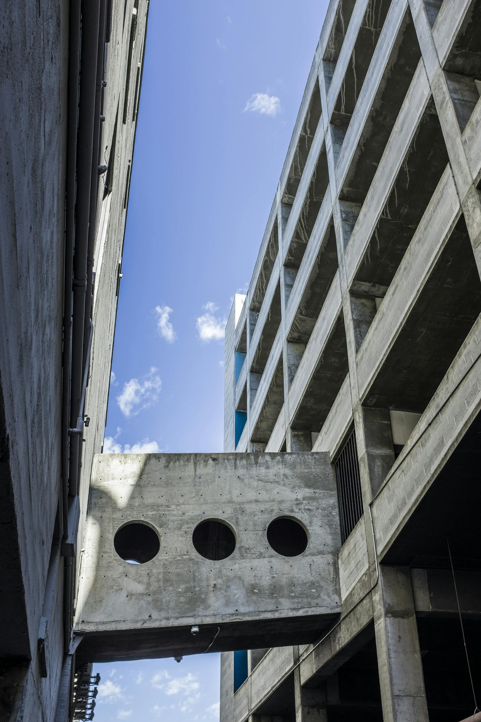 Detailed view of an urban concrete structure with geometric shapes
