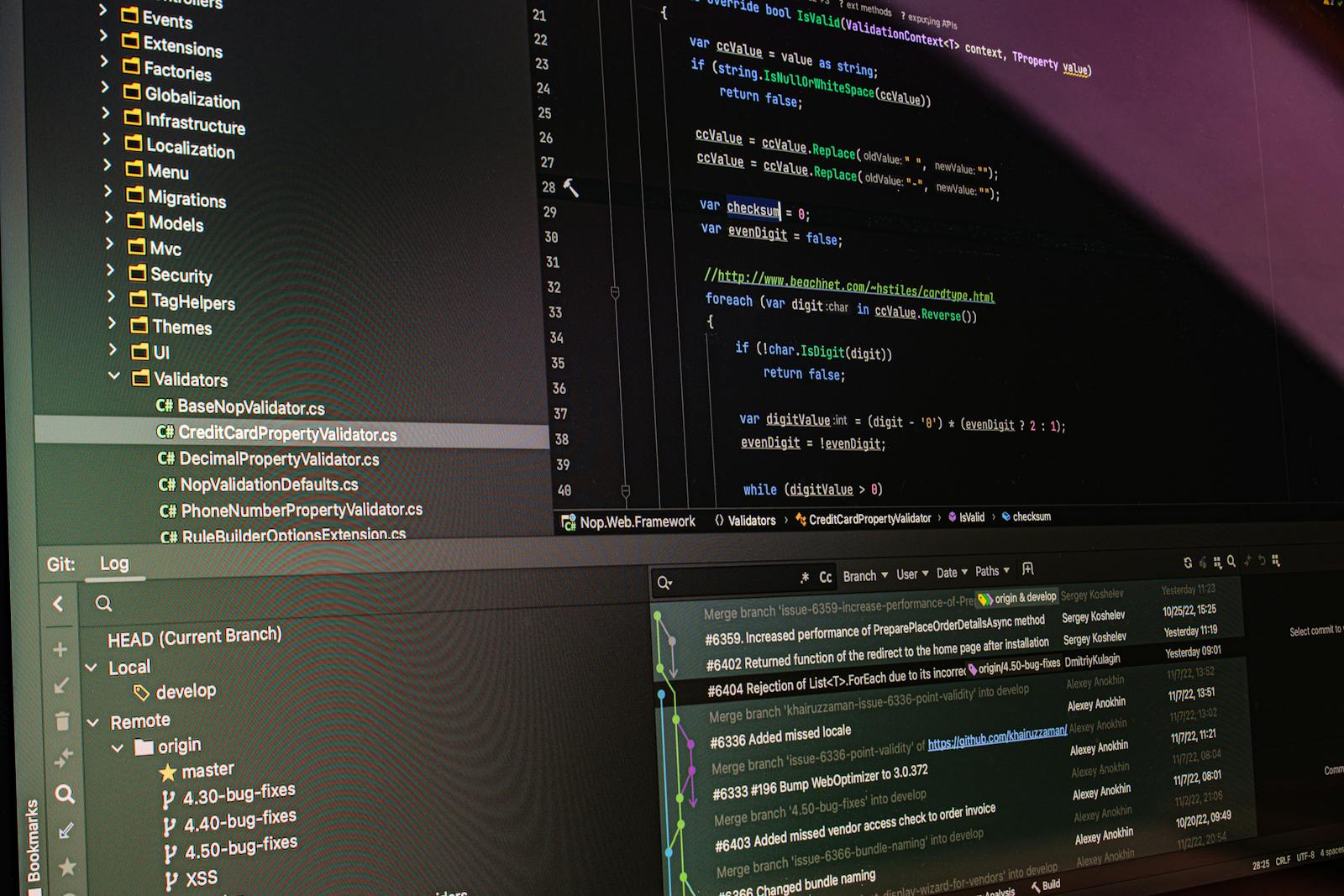 Software development tools and code editors displayed on a screen