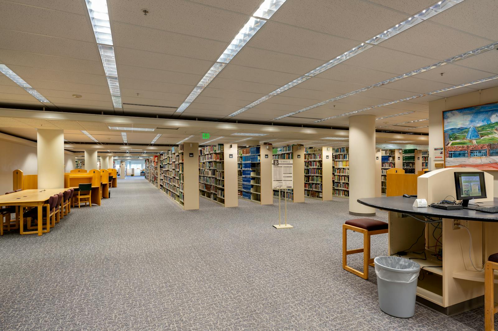 Wide-angle view of a modern university library
