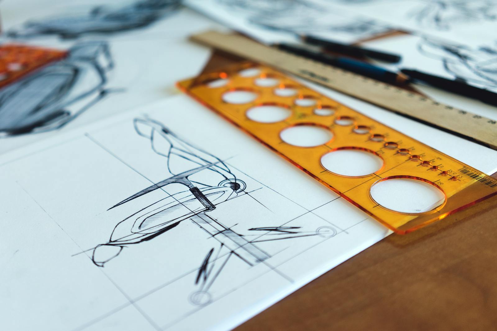 Architectural drawings with design tools on a desk