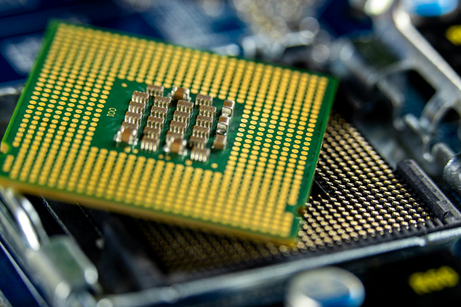 A microprocessor sitting on a motherboard